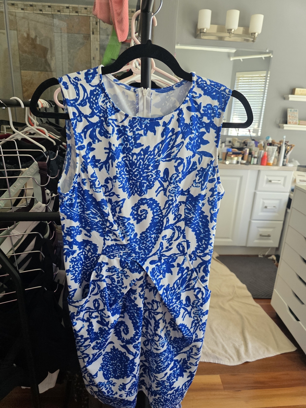 Sleeveless Blue & White Printed Dress with pockets